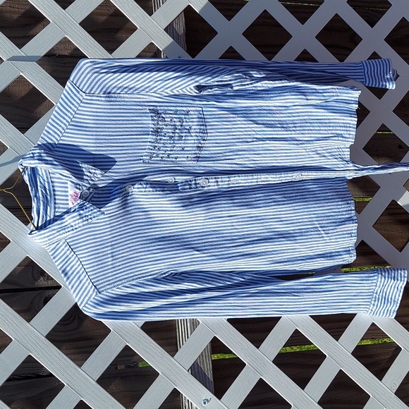 A blue and white striped long sleeve button up shirt with a bedazzled pocket.b - Picture 1 of 2
